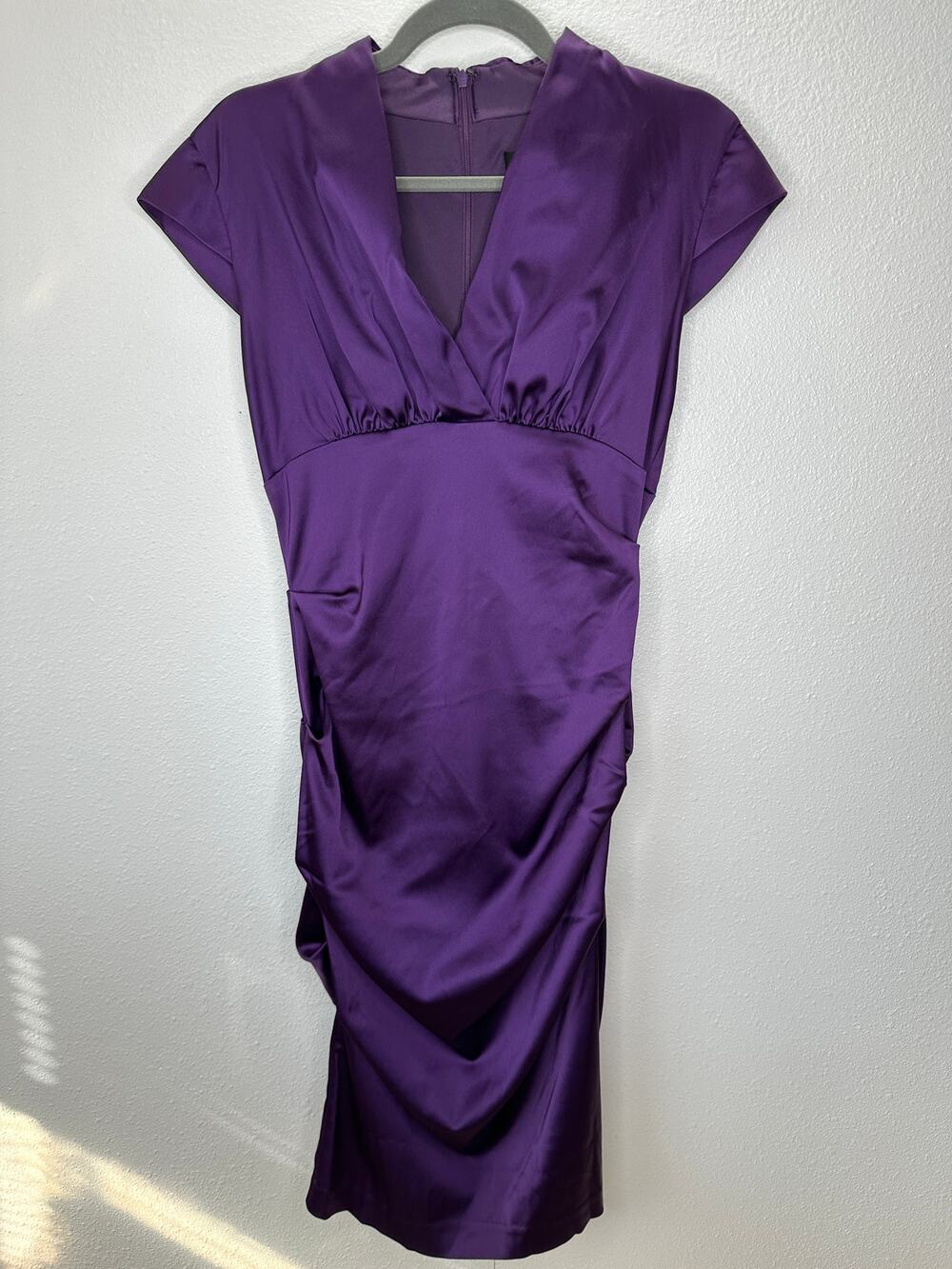 Xscape by Joanna Chen Purple Satin Faux V Neck Cap Sleeve Midi Dress 6